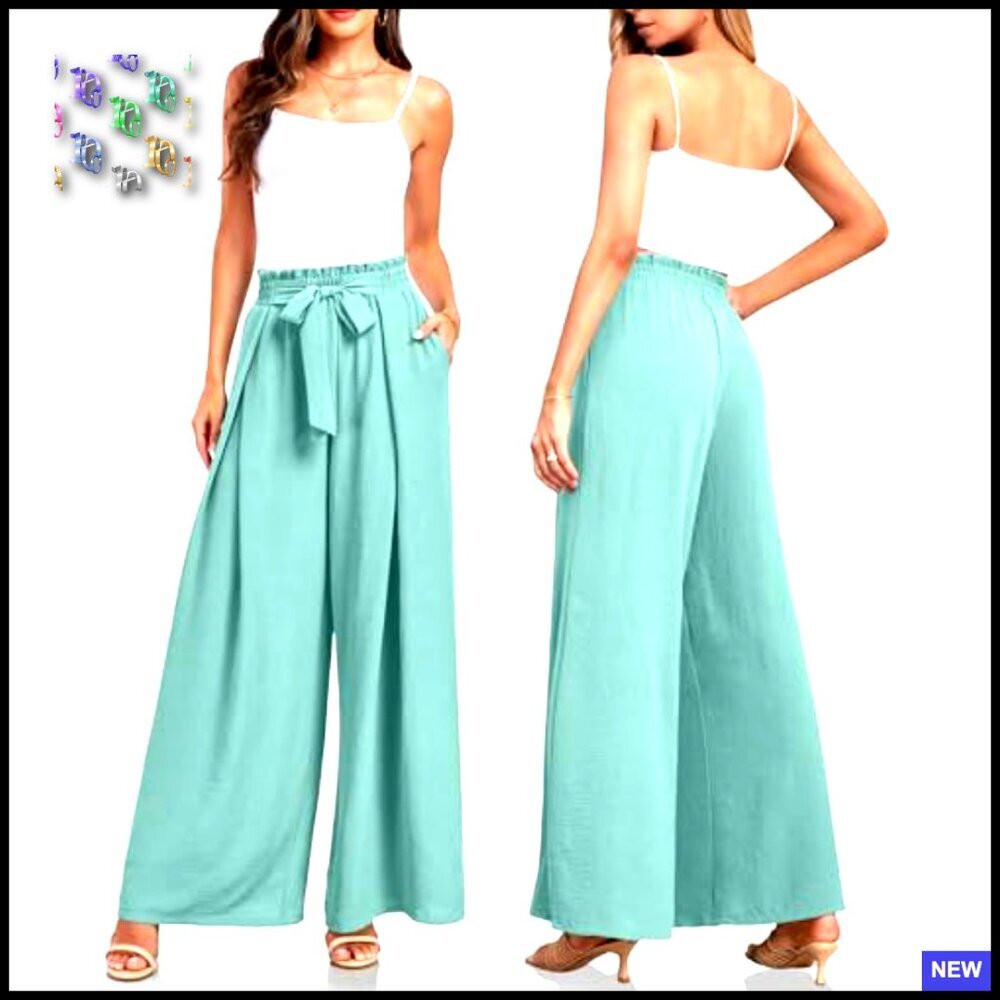 Wide Leg Palazzo Pants High Waisted Tie Knot Trousers Flowy Work Casual - Picture 5 of 7